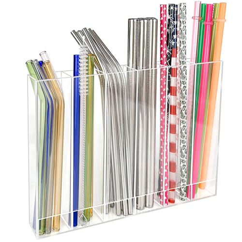 9.6" Large Acrylic Straw Holder for Cabinet Door - 6 compartments, easy to clean, Reusable Tumbler Straw Organizer Storage, Small Kitchen Accessories Container, Ultra Sticky Cupboard Door Mounted