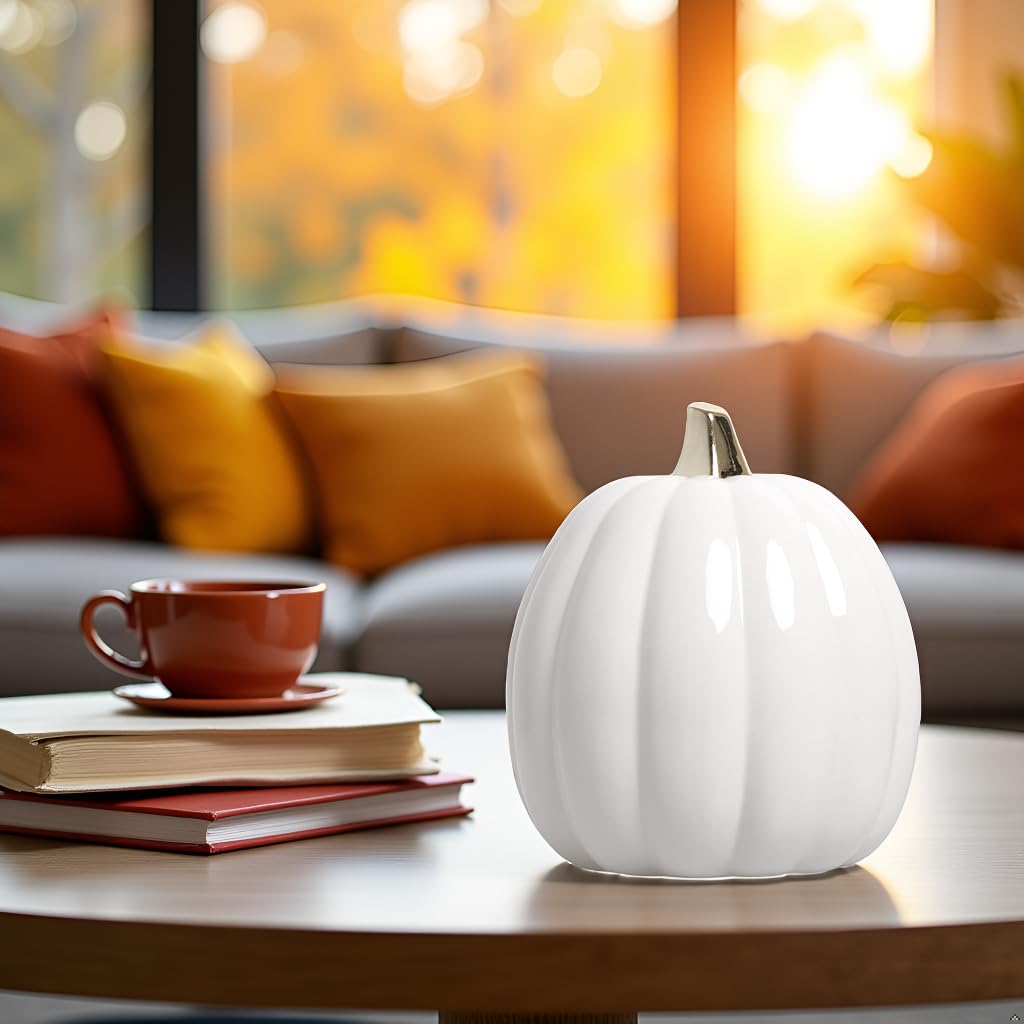 Pearhead White Ceramic Pumpkin with Gold Stem – Elegant Fall Harvest Décor, Modern Autumn Tabletop Accent, Thanksgiving Centerpiece, and Seasonal Home Decoration