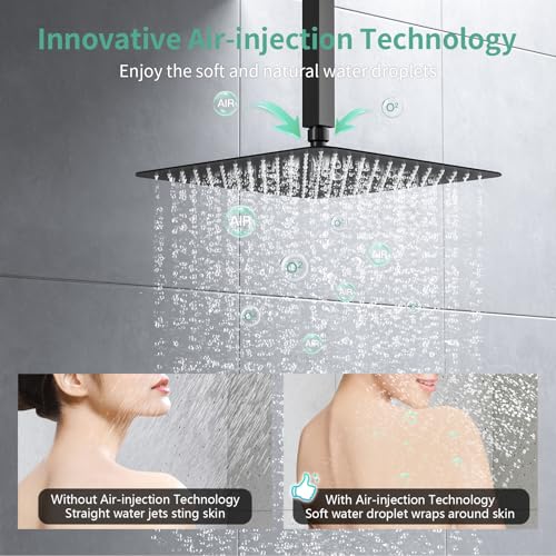 SR SUN RISE Ceiling Mounted Shower System with Push Button Diverter, Luxury 12 Inch Rain Shower Head with Handheld Spray, High Pressure Shower Faucet Combo Set with Rough-in Valve, Matte Black