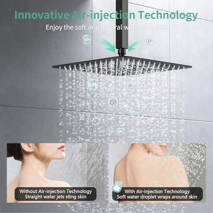 SR SUN RISE Ceiling Mounted Shower System with Push Button Diverter, Luxury 12 Inch Rain Shower Head with Handheld Spray, High Pressure Shower Faucet Combo Set with Rough-in Valve, Matte Black