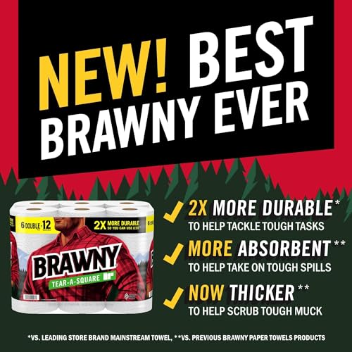 Brawny Tear-A-Square Paper Towels, 12 Double Rolls = 24 Regular Rolls, 3 Sheet Sizes (Quarter, Half, Full), Strength for All Messes, Cleanups, and Meal Prep