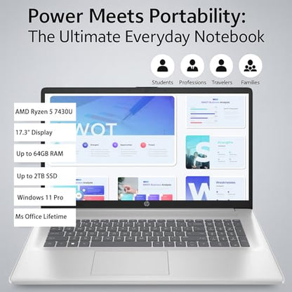 HP 17.3" FHD Laptop for Business & Students - w/External DVD Drive & Office Lifetime License, AMD Ryzen 5 7430U CPU, 250 Nits IPS Display, Webcam, Wifi6, Win 11 Pro (64GB RAM 2TB SSD)