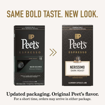 Peet's Coffee, Dark Roast Espresso Capsules, Compatible with Nespresso Original Machine, 100% Arabica Coffee - Nerissimo Intensity 11, 100 Count (10 Boxes of 10 Espresso Capsules)