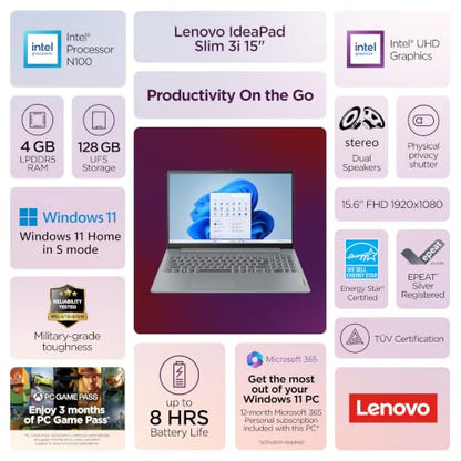 Lenovo Essential 15.6" FHD Everyday Laptop, Intel Processor, 128GB Storage