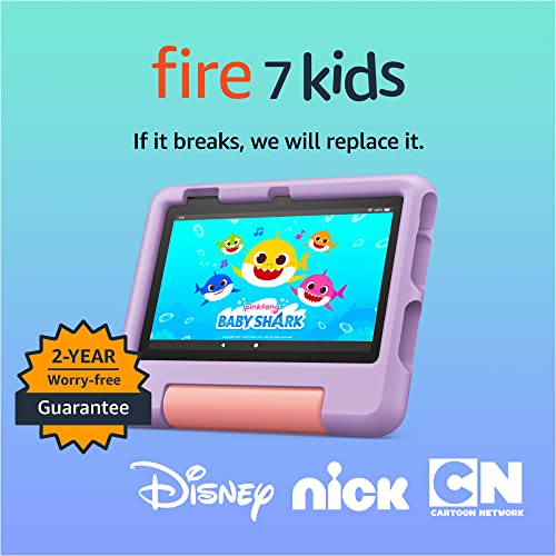 Amazon Fire 7 Kids tablet (newest model) ages 3-7. Top-selling 7" kids tablet on Amazon. Includes ad-free and exclusive content, easy parental controls, 10-hr battery, 32 GB, Purple