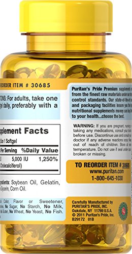 Puritan's Pride Vitamin D3 5,000 IU Bolsters Immunity for Immune System Support and Healthy Bones and Teeth Softgels, Packaging May Vary, Unflavored, 200 Count