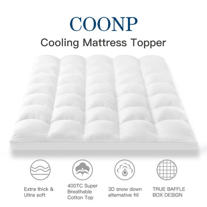 COONP Queen Mattress Topper, Extra Thick Pillowtop, Cooling and Plush Mattress Pad Cover 400TC Cotton with 8-21 Inch Deep Pocket 3D Snow Down Alternative Fill