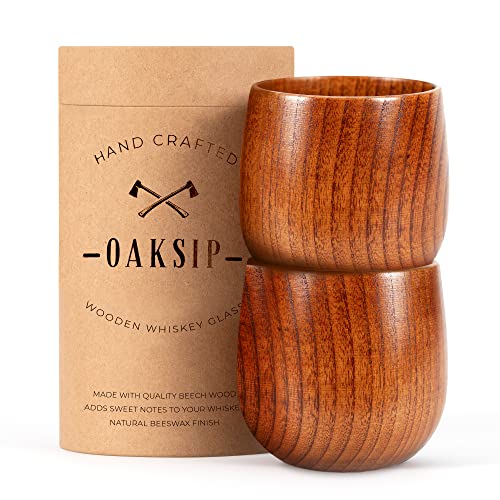 Oaksip The Original Wooden Bourbon Drinking Glass Bourbon Gifts for Men | Finished Wooden Old Fashioned Glass | Great Whiskey Gifts for Men, Dad, or Brother (2 Pack)