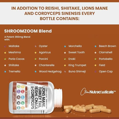 Clean Nutraceuticals Lions Mane 3000mg 20in1 Mushroom Supplement with Turkey Tail 2000mg Reishi 1000mg Cordyceps Chaga 1000mg Maitake Meshima Poria Cocos Shiitake Oyster Porcini Enoki 60 Count