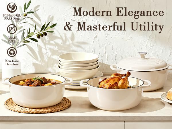 Umite Chef 6QT Enameled Cast Iron Dutch Oven with Lid, Versatile Heavy-Duty Cookware Pot for Baking Bread, Braising, Soups & Stews, Oven & Stovetop Safe with Heat Resistant Gloves（Cream White）