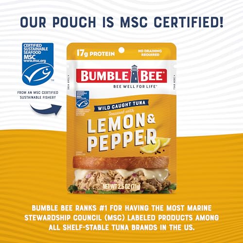 Bumble Bee Lemon & Pepper Seasoned Tuna, 2.5 oz Pouches (Pack of 12) - Ready to Eat - Wild Caught Tuna Pouch - 17g Protein per Serving - Gluten Free