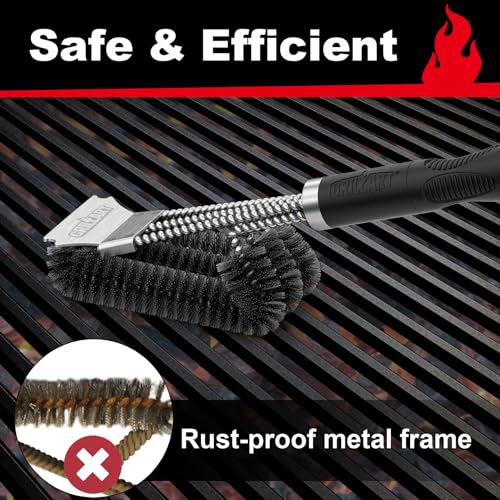 GRILLART Grill Brush and Scraper, Extra Strong BBQ Cleaner Accessories, Safe Wire Bristles 18" Barbecue Triple Scrubbers Cleaning Brush for Gas/Charcoal Grilling Grates, Wizard Tool BR-8115