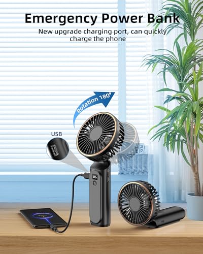 TUNISE Portable Handheld Fan, Portable Fan Rechargeable, 4000mAh, 180° Adjustable, 6 Speed Wind, Display Electricity in Real Time, USB Rechargeable Foldable Fan, Quiet Personal Fan with Power Bank