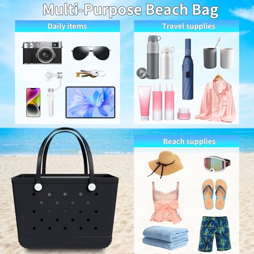 Heibbao X-Large Rubber Beach Bag Tote Bag with Waterproof Zipper Inner Bag, Washable Durable Tote Bag, Storage bags (Black)