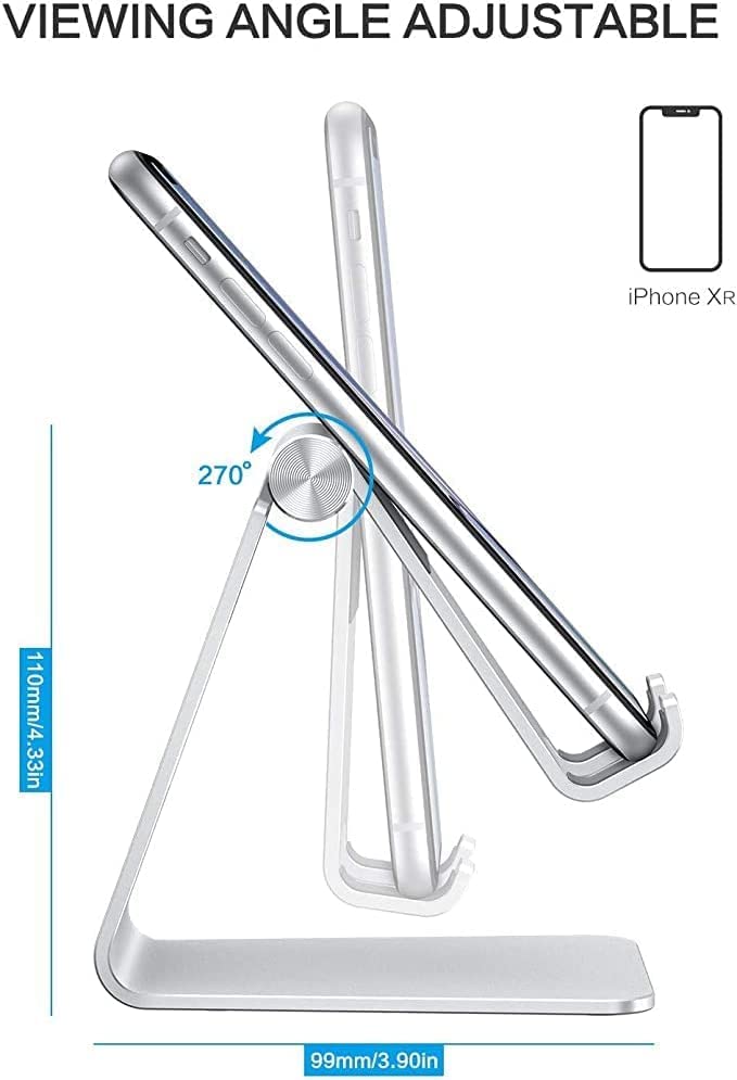 Adjustable Cell Phone Stand, OMOTON Aluminum Desktop Cellphone Stand with Anti-Slip Base and Convenient Charging Port, Fits All Smart Phones, Silver