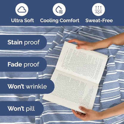 Extra Deep Queen Sheet Set - 6 Piece Breathable & Cooling Sheets - Hotel Luxury Bedding Set w/18-24 Inch Extra Deep Pockets - Easy & Secure Fit - Soft, Wrinkle Free & Comfy - Blue Stripes, Queen Size