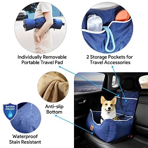 Pmpete Dog Car Seat, Puppy Booster Seat, Double-Sided Travel Carrier Bed for Small and Medium Pets, Waterproof Pet Booster Seat with Pockets. Perfect for Summer and Winter, Blue