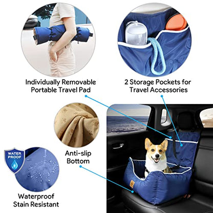 Pmpete Dog Car Seat, Puppy Booster Seat, Double-Sided Travel Carrier Bed for Small and Medium Pets, Waterproof Pet Booster Seat with Pockets. Perfect for Summer and Winter, Blue