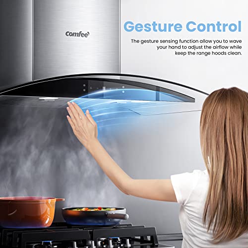 COMFEE' Curved Glass Range Hood 30 Inch 450 CFM 3 Speed Gesture Sensing &Touch Control Panel Stainless Steel kitchen Ductless/Ducted Convertible with Baffle Filters and 2 LED Lights (CVG30W9AST)