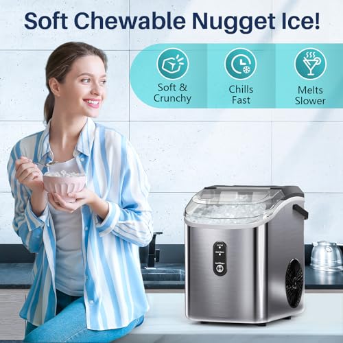 FREE VILLAGE Nugget Ice Maker Countertop, Pebble Ice Maker Machine with Soft Chewable Ice, 34lbs/24H, Self-Cleaning, One-Click Operation, Stainless Steel, Crushed Ice Maker for Home Kitchen Office