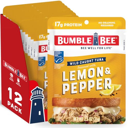 Bumble Bee Lemon & Pepper Seasoned Tuna, 2.5 oz Pouches (Pack of 12) - Ready to Eat - Wild Caught Tuna Pouch - 17g Protein per Serving - Gluten Free