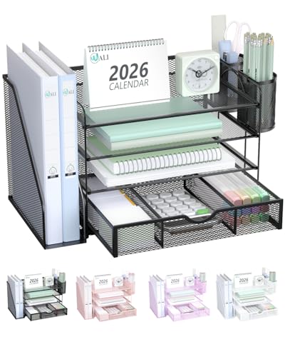 WALI Desk File Organizer, 4 Tier Desktop Paper Letter Tray Organizer with Drawer and 2 Pen Holders, Office Desk Accessories & Workspace Organizers for Office, Home Supplies(DO005DH-B), 1 Pack, Black