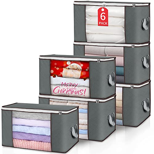 90 L Large Storage Bags, 6 Pack Clothes Storage Bins Foldable Closet Organizers Storage Containers with Reinforced Handle for Clothing, Blanket, Comforters, Bed Sheets, Pillows and Toys (Gray)