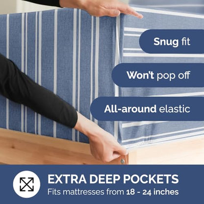 Extra Deep Queen Sheet Set - 6 Piece Breathable & Cooling Sheets - Hotel Luxury Bedding Set w/18-24 Inch Extra Deep Pockets - Easy & Secure Fit - Soft, Wrinkle Free & Comfy - Blue Stripes, Queen Size