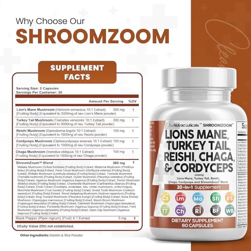 Clean Nutraceuticals Lions Mane 3000mg 20in1 Mushroom Supplement with Turkey Tail 2000mg Reishi 1000mg Cordyceps Chaga 1000mg Maitake Meshima Poria Cocos Shiitake Oyster Porcini Enoki 60 Count