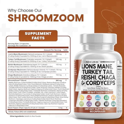 Clean Nutraceuticals Lions Mane 3000mg 20in1 Mushroom Supplement with Turkey Tail 2000mg Reishi 1000mg Cordyceps Chaga 1000mg Maitake Meshima Poria Cocos Shiitake Oyster Porcini Enoki 60 Count