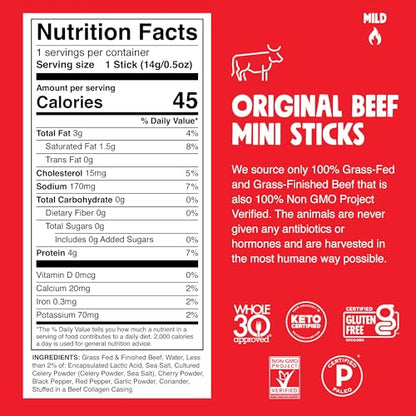 Chomps Snack Size Grass-Fed and Finished Original Beef Jerky Snack Sticks 0.5oz 24-Pack - Keto, Paleo, Whole30, 4g Lean Meat Protein, Gluten-Free, Zero Sugar Food, Non-GMO Chomplings