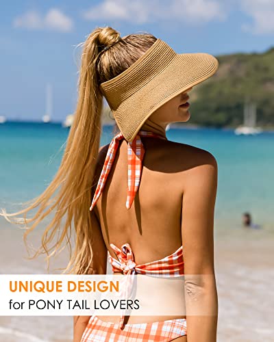 FURTALK Sun Visor Hats for Women Wide Brim Straw Roll-Up Ponytail Summer Beach Hat UV UPF Packable Foldable Travel Khaki