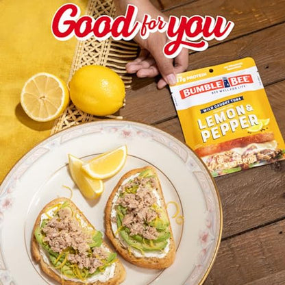 Bumble Bee Lemon & Pepper Seasoned Tuna, 2.5 oz Pouches (Pack of 12) - Ready to Eat - Wild Caught Tuna Pouch - 17g Protein per Serving - Gluten Free