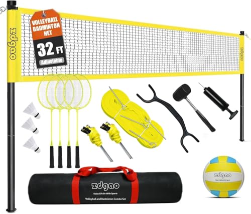32FT Volleyball & Badminton Combo Set with Adjustable Poles for Backyard