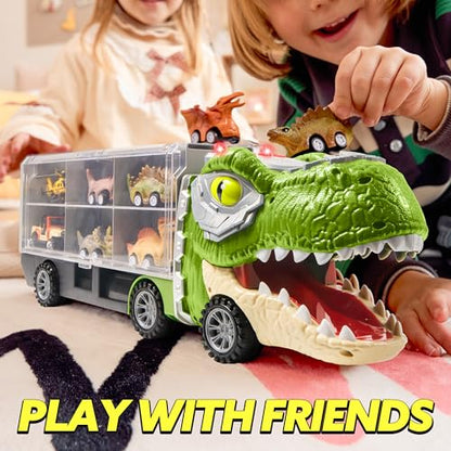 JOYIN 13 in 1 Dinosaur Toys for Kids 3-5, Dinosaur Truck with 12 Pull Back Cars, Dinosaur Cars Set, Birthday Gifts Toys for 3 4 5+ Year Old Boy, Transport Carrier Truck for Toddlers 3-4 Years