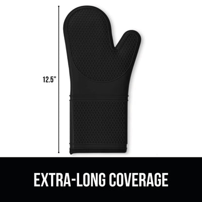 Gorilla Grip BPA-Free Soft Silicone Oven Mitts, Heat and Slip Resistant Thick Cotton Lined Cooking Mitt Set, Long Flexible Potholders Protect Hands, Kitchen Essential Waterproof Gloves, 12.5" Black