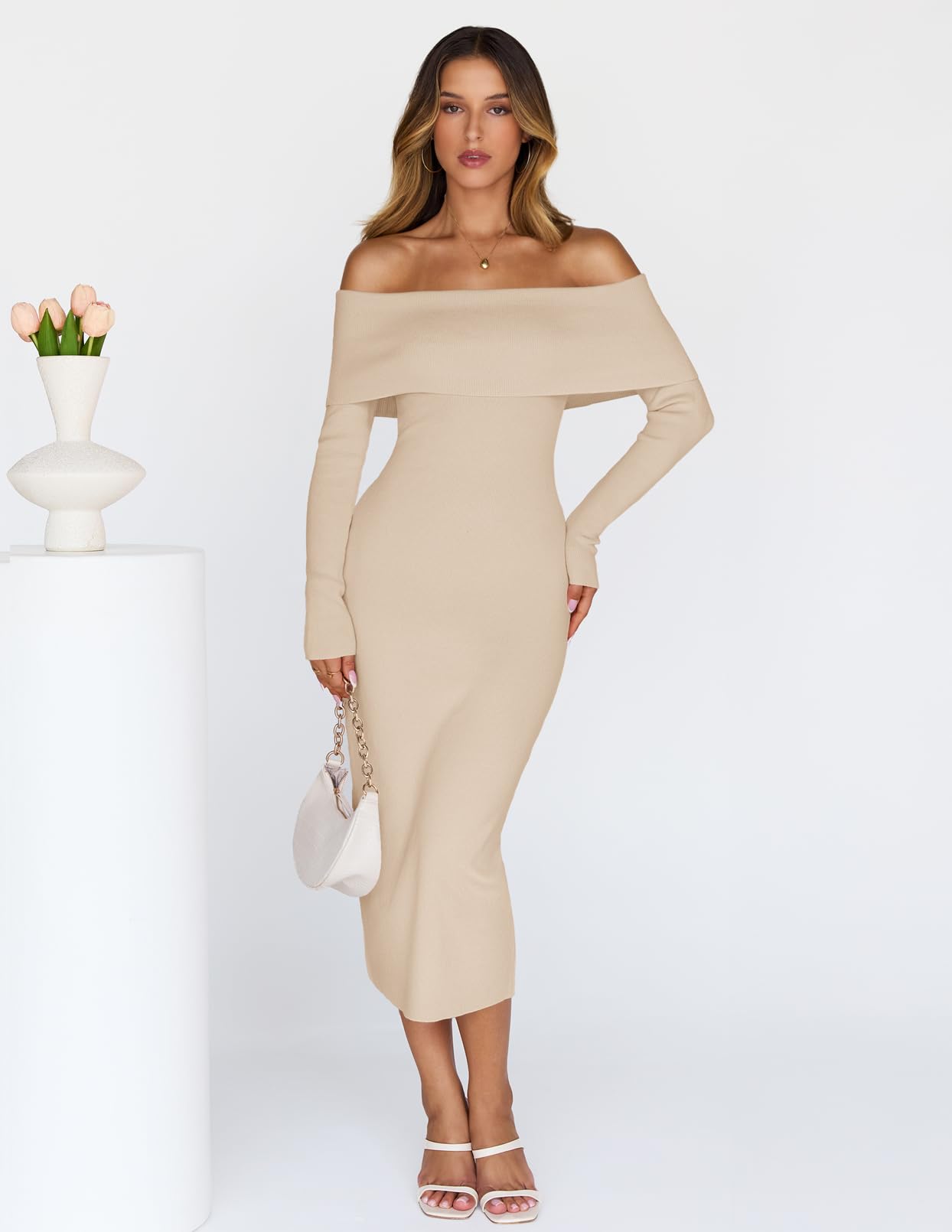 MEROKEETY Women's Winter Off Shoulder Bodycon Sweater Dress 2025 Formal Long Sleeve Elegant Club Party Midi Dresses, Apricot, Small