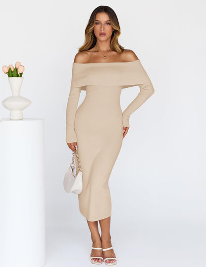 MEROKEETY Women's Winter Off Shoulder Bodycon Sweater Dress 2025 Formal Long Sleeve Elegant Club Party Midi Dresses, Apricot, Small
