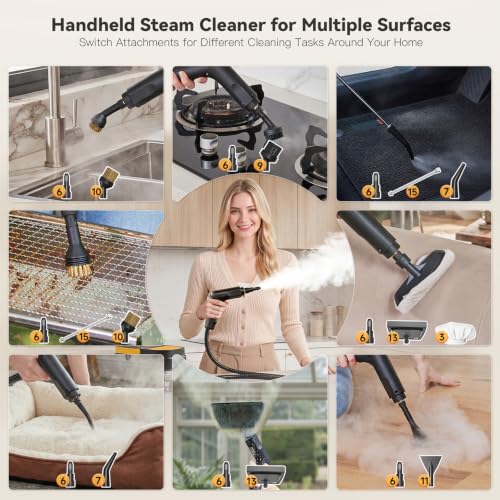 Gautye Steam Cleaner, 3 Level Adjustable Handle with 15 Accessories