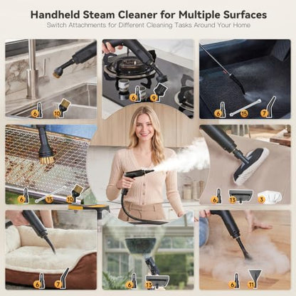 Gautye Steam Cleaner, 3 Level Adjustable Handle with 15 Accessories