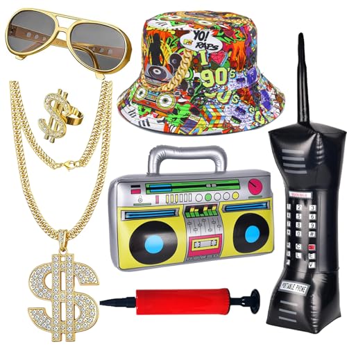 Boonbery 80s 90s Hip Hop Costume Accessories Set - 7 Pcs Rapper Party Outfit Kit with Inflatable Radio & Cell Phone, Dollar Necklace & Ring, 90s Style Bucket Hat, Retro Sunglasses & Air Pump