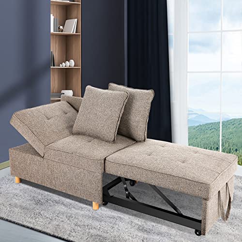 SEJOV Sofa Bed Chair 4-in-1 Convertible Chair Bed, 3-Seat linen Fabric loveseat Sofa with 2 Throw Pillow, Single Recliner for Small Space with 5 Adjustable Backrest, Brown Grey