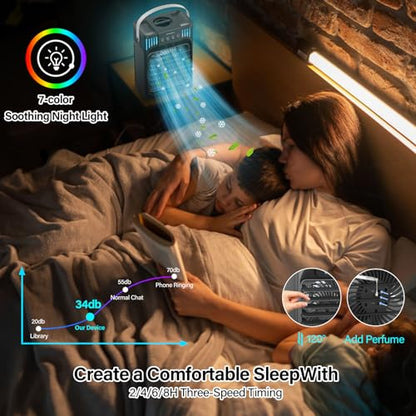 Portable air conditioners with remote control, silent with 3 speeds, cooling fan of 1200 ml Personal Air Cooler Fan with 3 Mist, 7 Night Light, 8H Timer, Small Air Conditioner for Bedroom Office