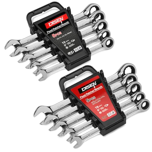 DISEN 10Pcs Ratcheting Wrench Set SAE & Metric Ratchet Wrench Set with Rack Organizer, Premium CR-v Steel, 12 Point, 72 Teeth,Box End and Open End Ratcheting Wrench Set,Metric 10-15mm&SAE 3/8''-5/8''