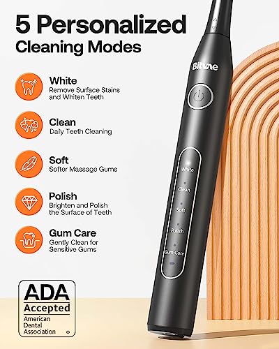 Bitvae Electric Toothbrush for Adults - Ultrasonic Electric Toothbrushes with 8 Brush Heads, ADA Accepted Power Rechargeable Toothbrush with 5 Modes, Smart Timer, Black D2