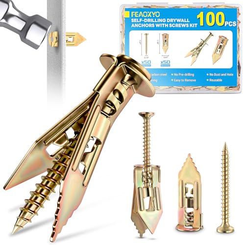 FEAOXYO 100 PCS Self Drilling Drywall Anchors with Screws Kit, Zinc Plated