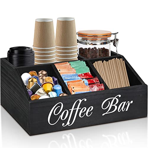 ugiftt Coffee Station Organizer for Counter, Wood Coffee Pods Holder Storage Basket, Tea Condiment Storage Organizer, Rustic Coffee Bar Decor for Coffee Accessories Organizer