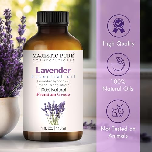 MAJESTIC PURE Lavender Essential Oil - Huge 4 fl oz with Glass Dropper | 100% Pure and Natural Lavender Oil | Premium Grade Essential Oils for Diffusers, Skin, Aromatherapy, Massage