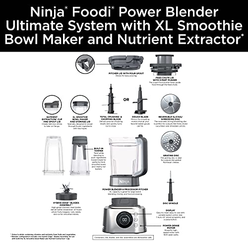 Ninja Blender and Food Processor Combo,Foodi Power Blenders For Kitchen and Personal Size,Smoothie Maker, 6 Functions for Bowls,Spreads,Dough, Shakes, 72 oz. Plastic Pitcher & To-Go Cups, Silver SS401
