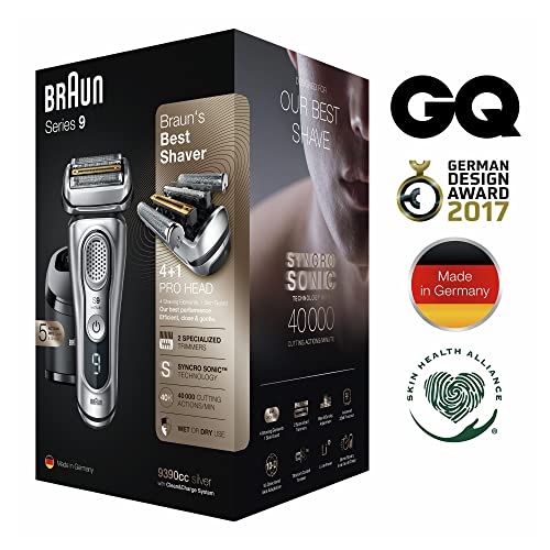 Braun Electric Razor for Men, Waterproof Foil Shaver, Series 9 9390cc, Wet & Dry Shave, with Pop-Up Beard Trimmer for Grooming, Cleaning & Charging SmartCare Center and Leather Travel Case, Silver